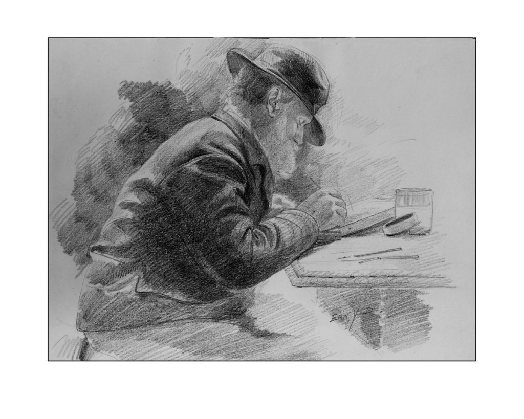 Yan' Dargent à sa table de travail. Dessin au crayon par son fils Ernest Dargent. Collection musée Yan'Dargent Saint-Servais© Albert Pennec Yan' Dargent à sa table de travail. Dessin au crayon par son fils Ernest Dargent. Collection musée Yan'Dargent Saint-Servais© Albert Pennec