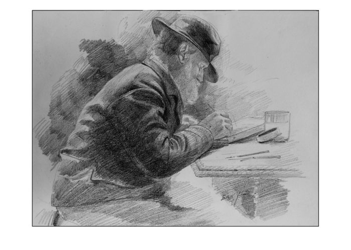Yan' Dargent à sa table de travail. Dessin au crayon par son fils Ernest Dargent. Collection musée Yan'Dargent Saint-Servais© Albert Pennec